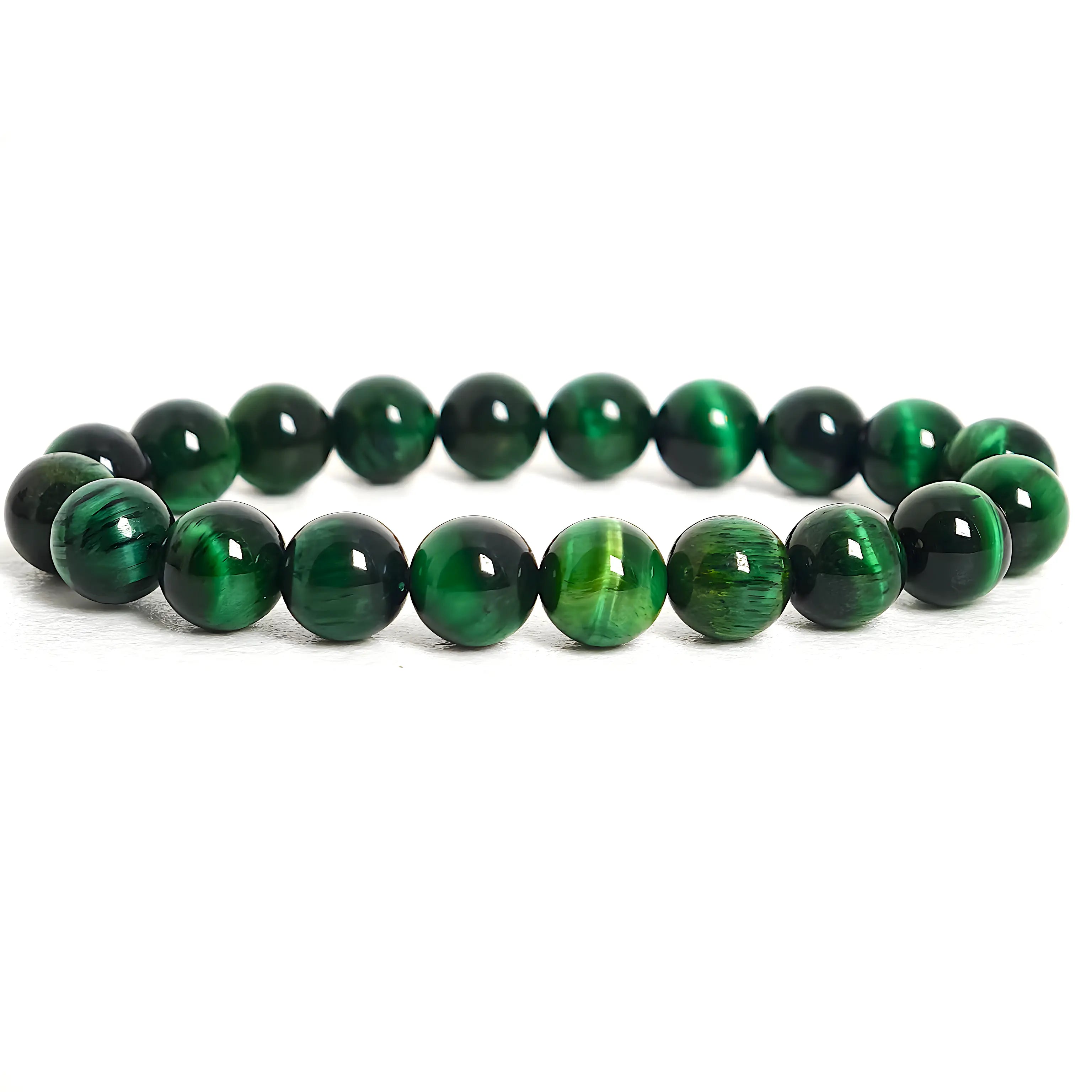 Natural green tiger eye bracelet with polished gemstone beads for protection and confidence