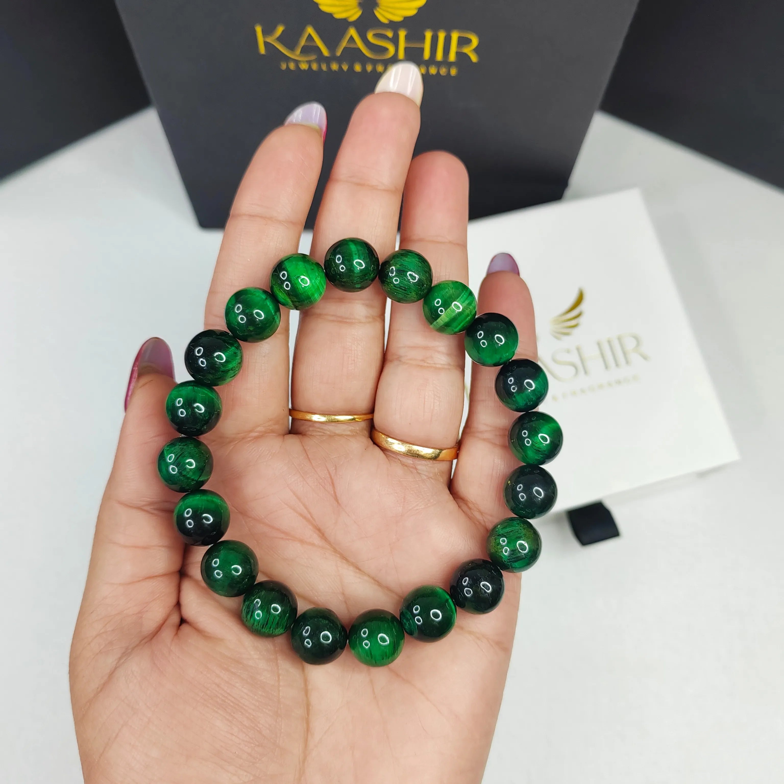 Bracelet œil de tigre vert Kaashir – Bijou en pierre fait main pour unisexe