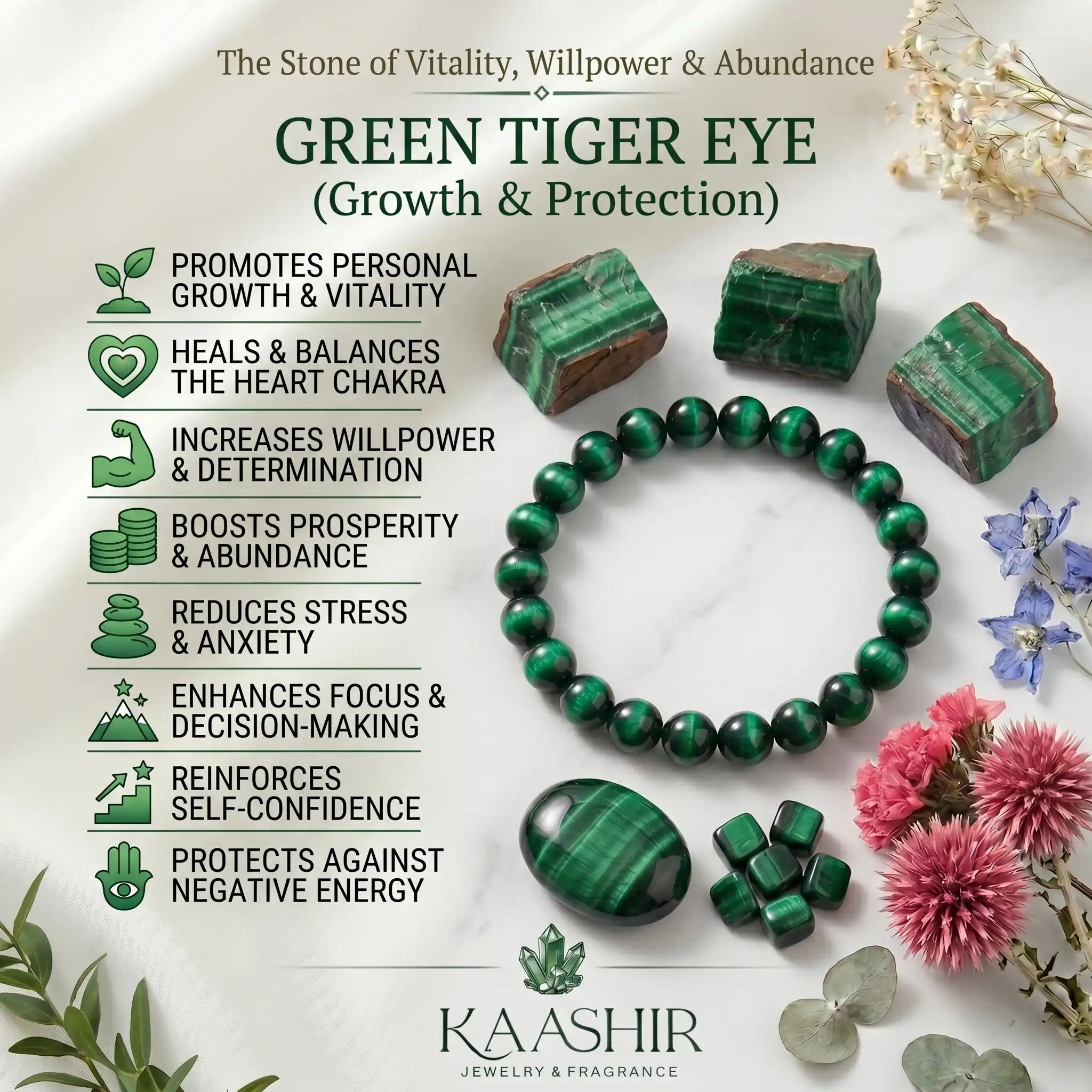 Green tiger eye bracelet meaning: growth and prosperity.
