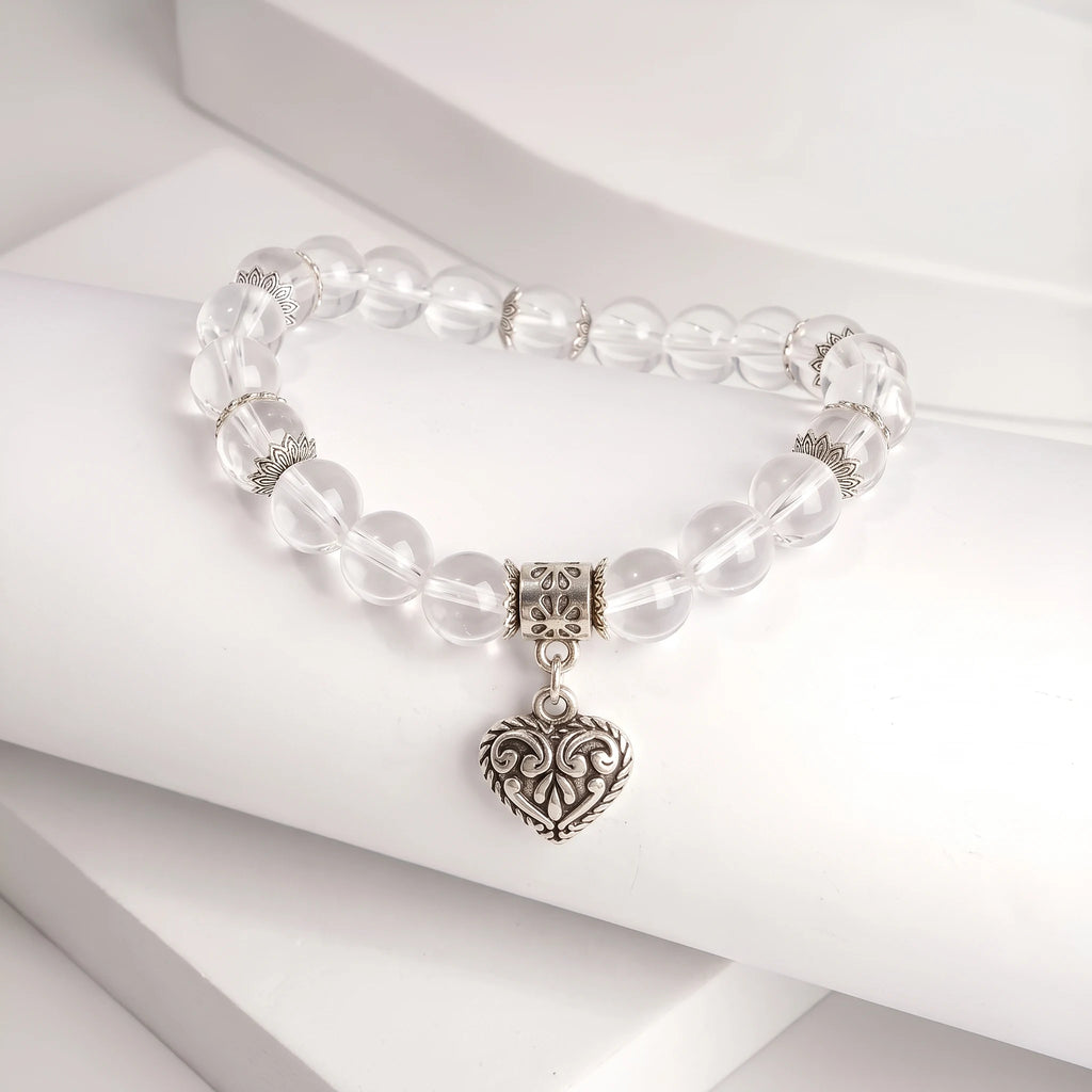 Handmade clear quartz heart charm bracelet — genuine natural crystal gemstone jewelry