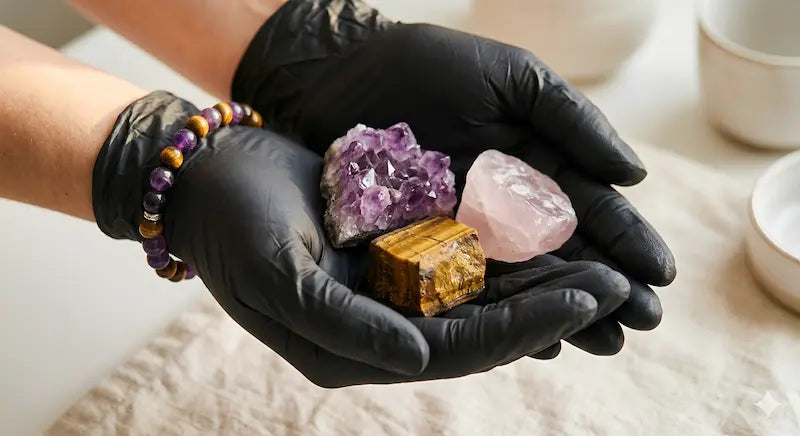 artisan hand-assembling natural gemstone bracelets with amethyst and tiger eye beads showing handcrafted jewelry making process with care and intention