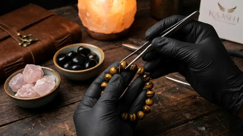 Handmade gemstone bracelet crafting with natural tiger eye beads and rose quartz stones by Kaashir
