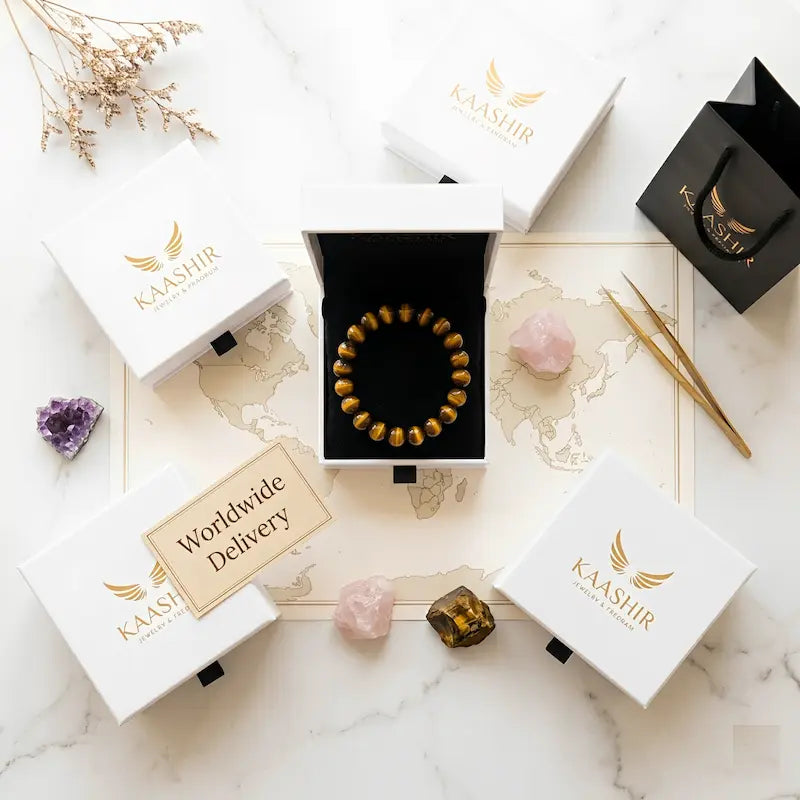 Kaashir handmade gemstone bracelets with premium gift packaging showing tiger eye and rose quartz stones ready for worldwide delivery to Canada UK USA Malaysia