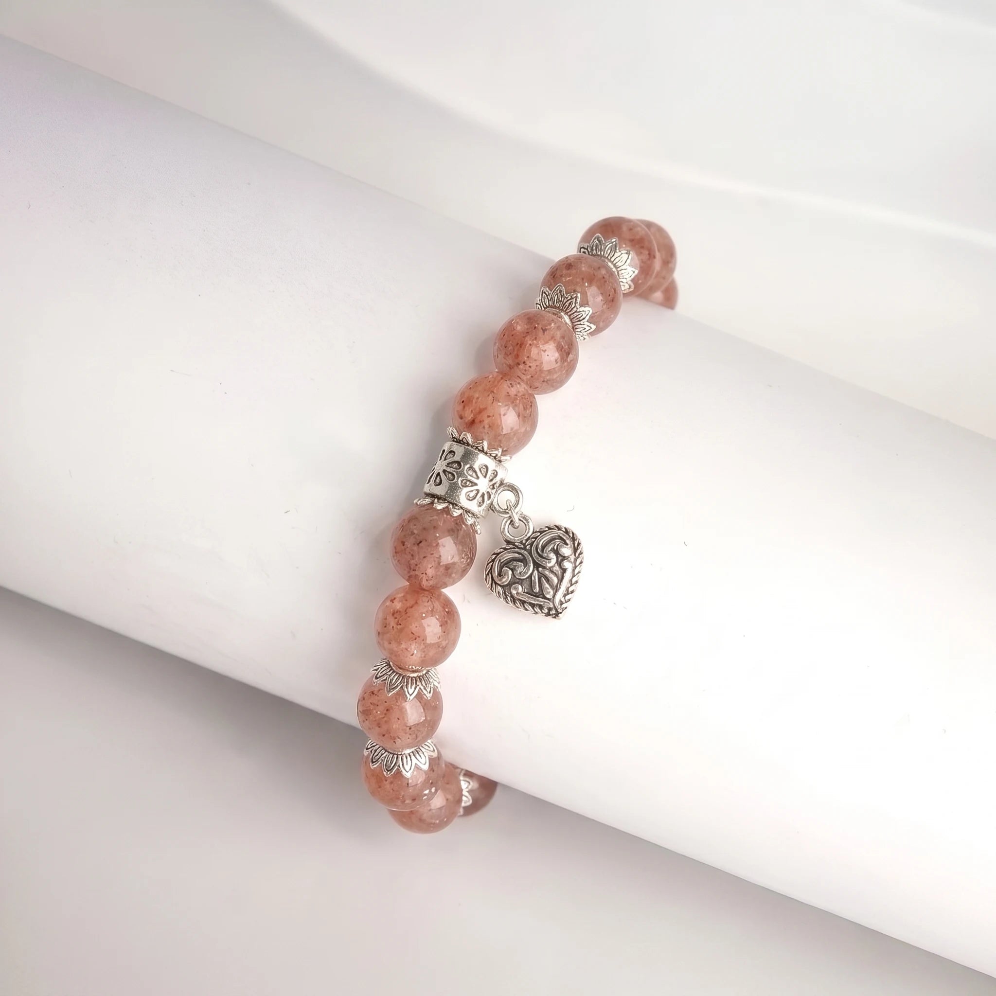 Handmade strawberry quartz heart charm bracelet — genuine natural pink gemstone jewelry Kaashir