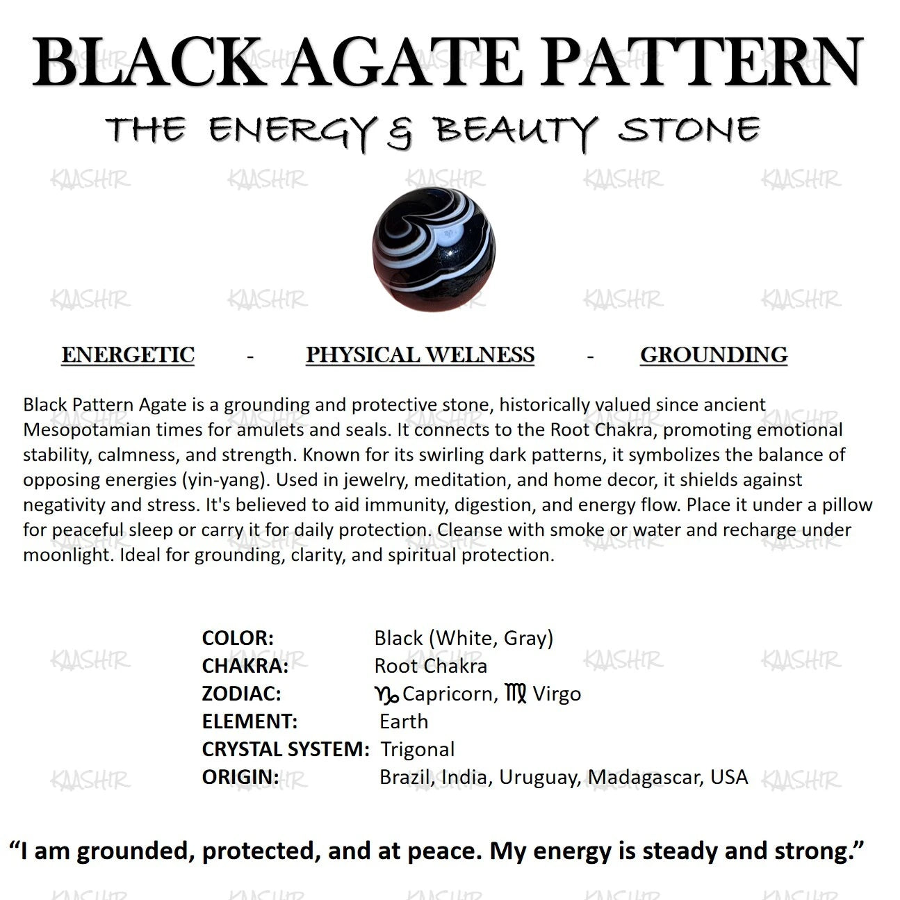 Kaashir Black Agate Pattern Bracelet - Handmade Stone Unisex Jewelry - Kaashir Jewelry & Fragrance