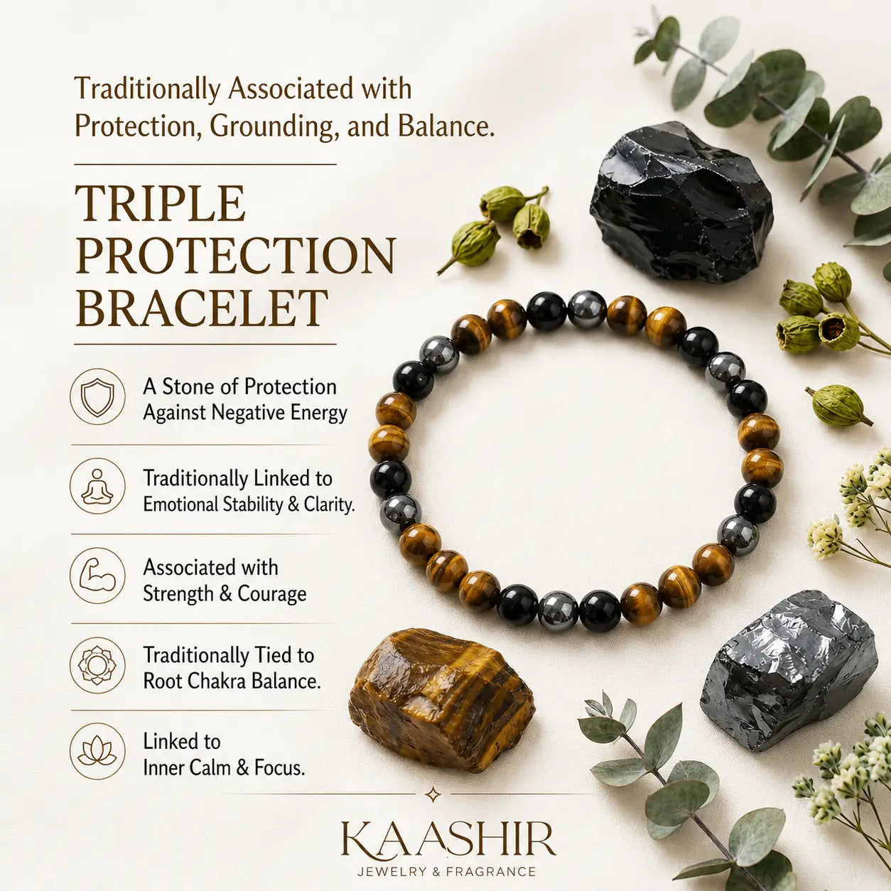 Silver grey hematite gemstone beads close-up in triple protection bracelet