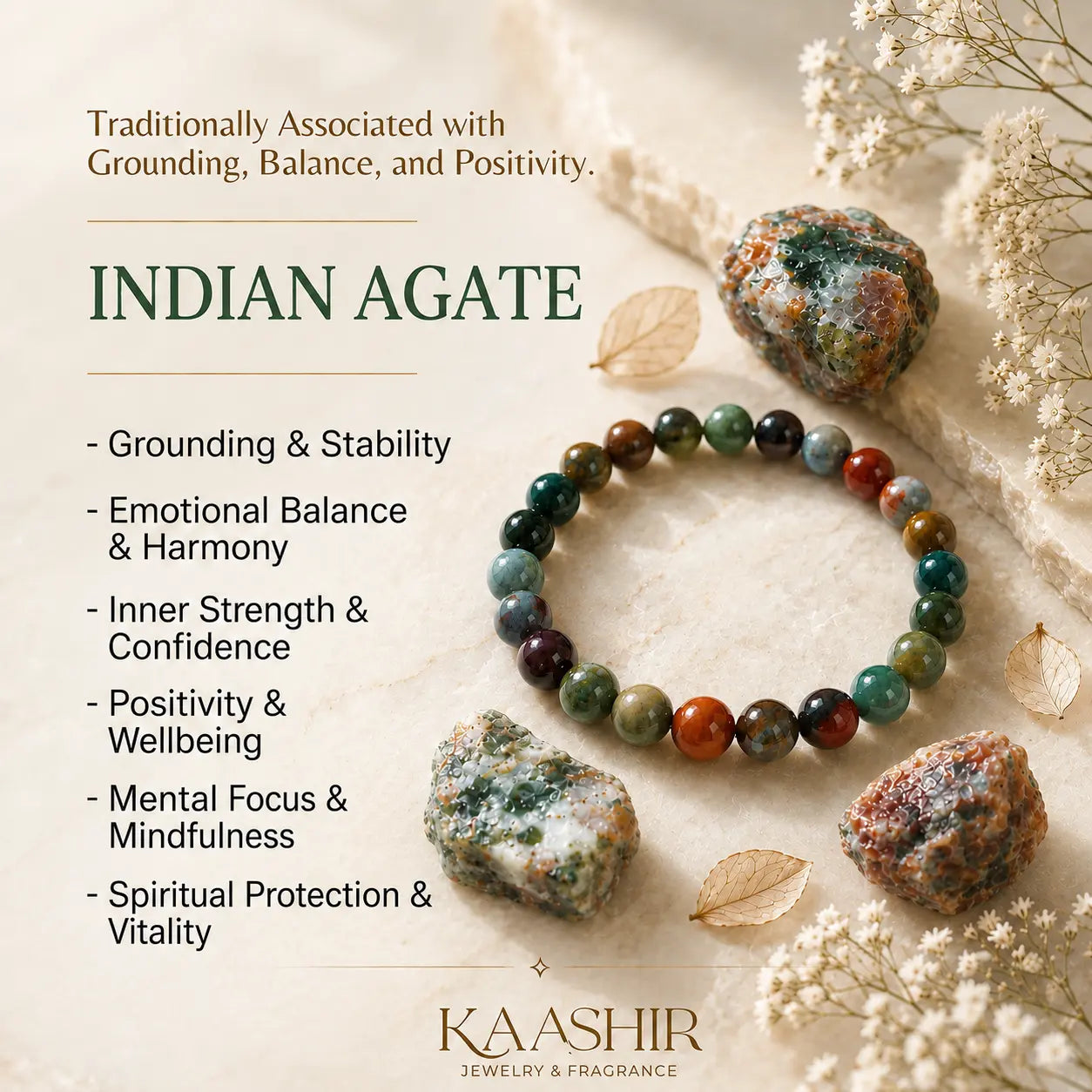 Indian Agate crystal bracelet benefits grounding balance and poitivity