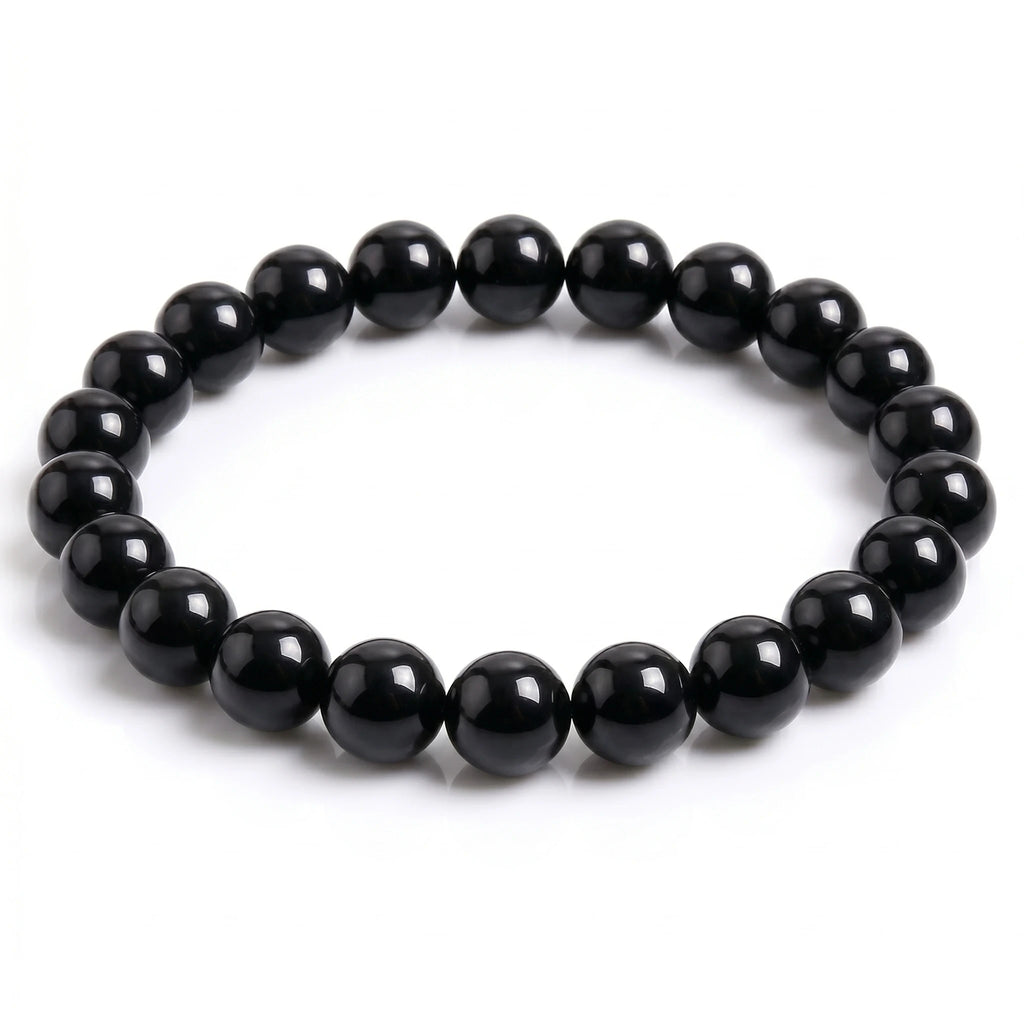 Kaashir Black Agate natural gemstone beaded bracelet with high-gloss finish on white background