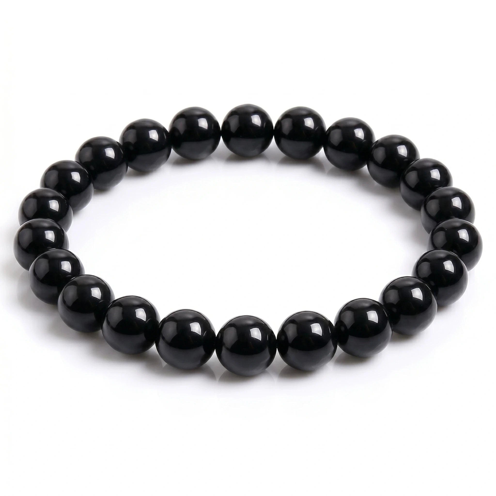 Kaashir Black Agate natural gemstone beaded bracelet with high-gloss finish on white background
