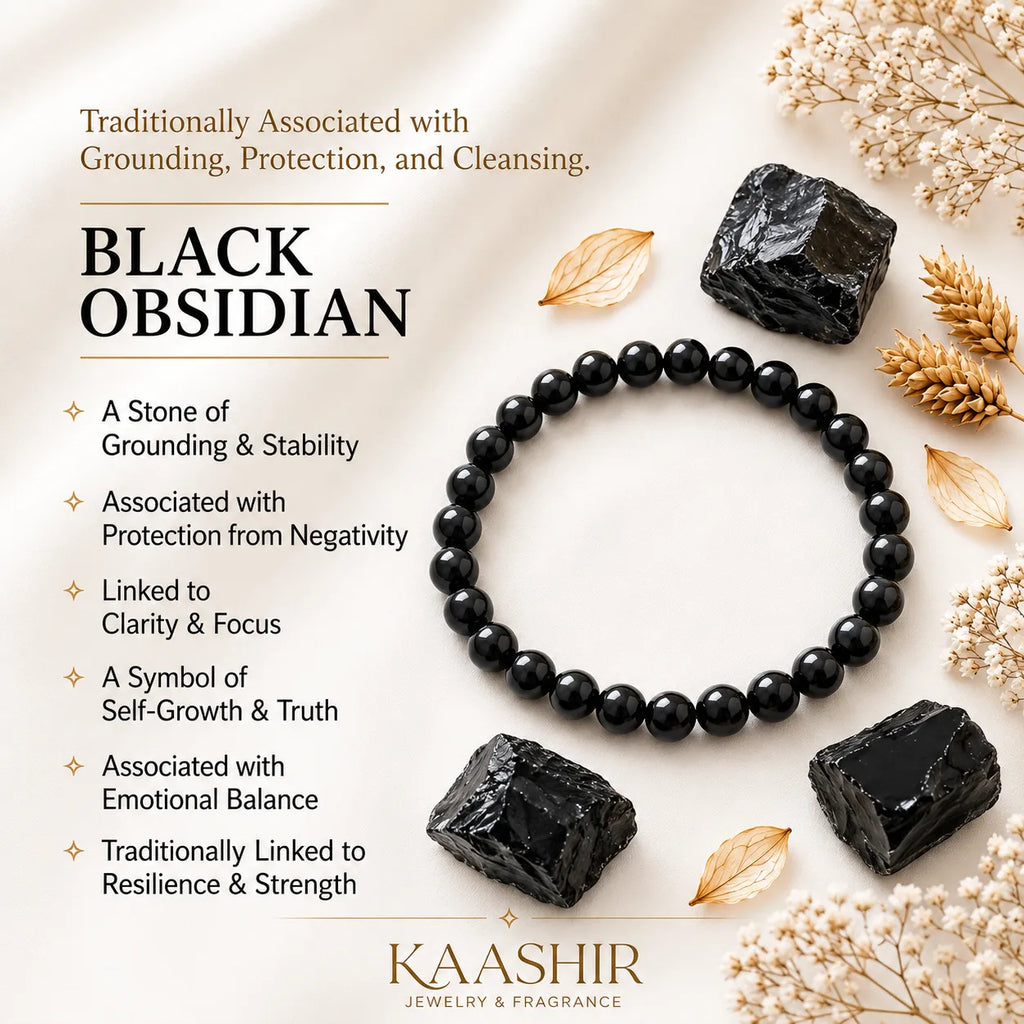 Kaashir Black Obsidian natural gemstone bracelet meaning grounding protection and clarity