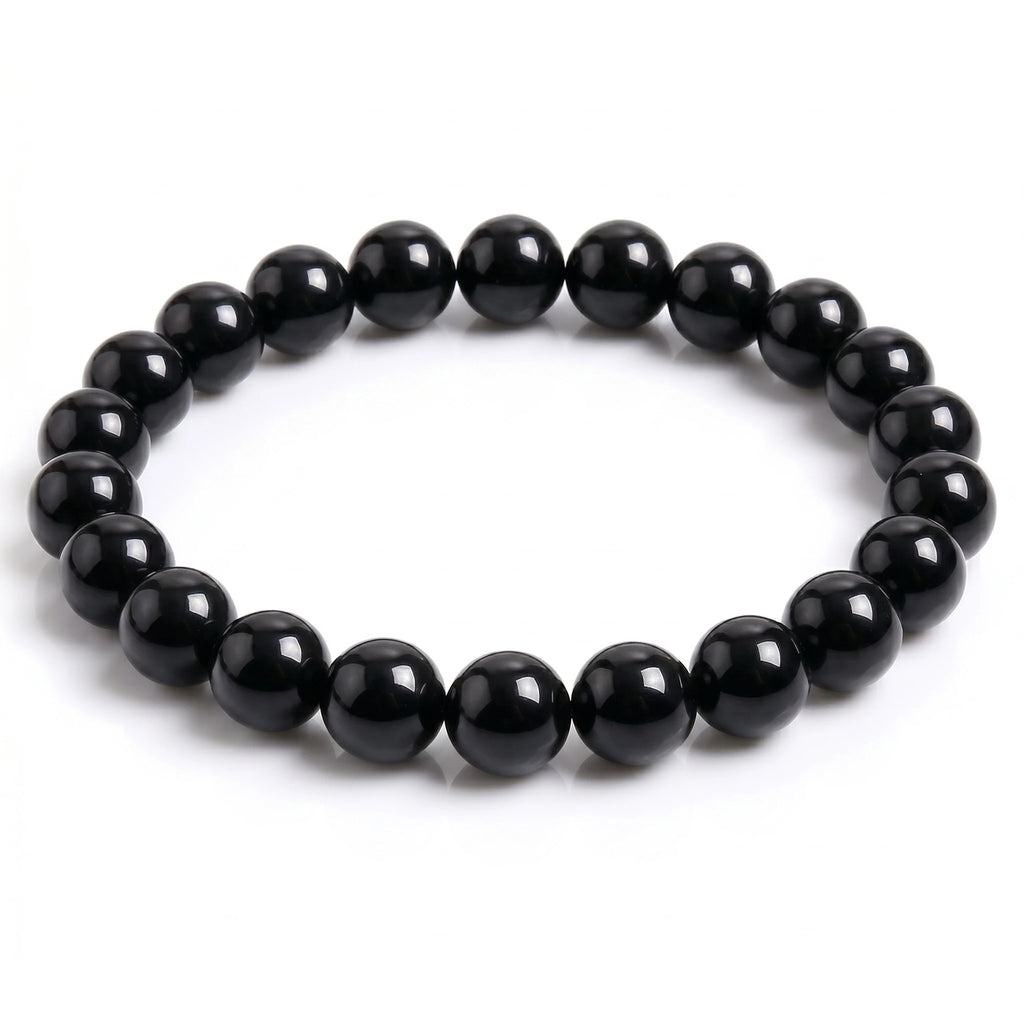 Kaashir Black Obsidian natural gemstone beaded bracelet with high-gloss finish on white background