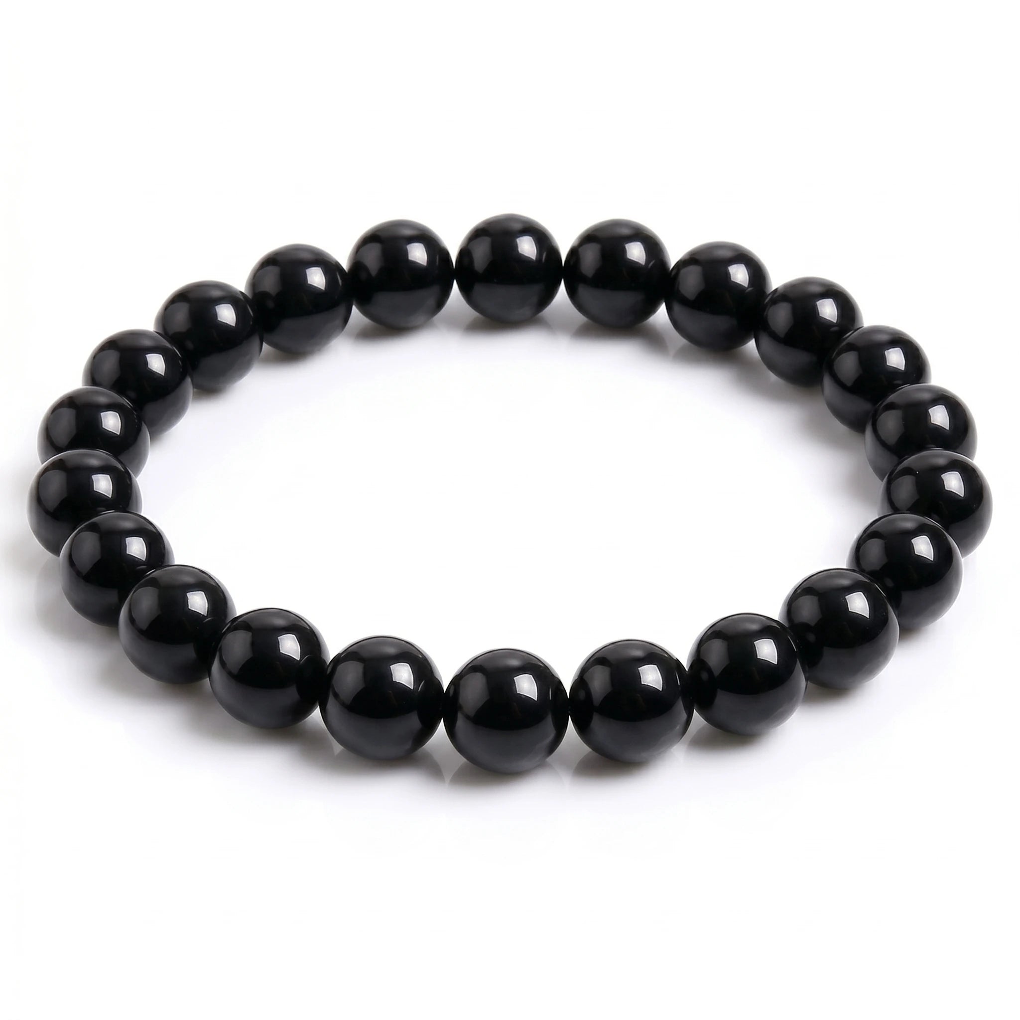 Kaashir Black Obsidian natural gemstone beaded bracelet with high-gloss finish on white background