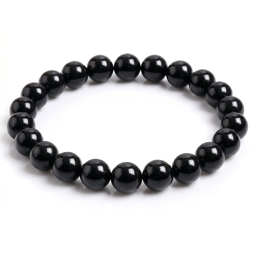 Kaashir Black Obsidian natural gemstone beaded bracelet with high-gloss finish on white background