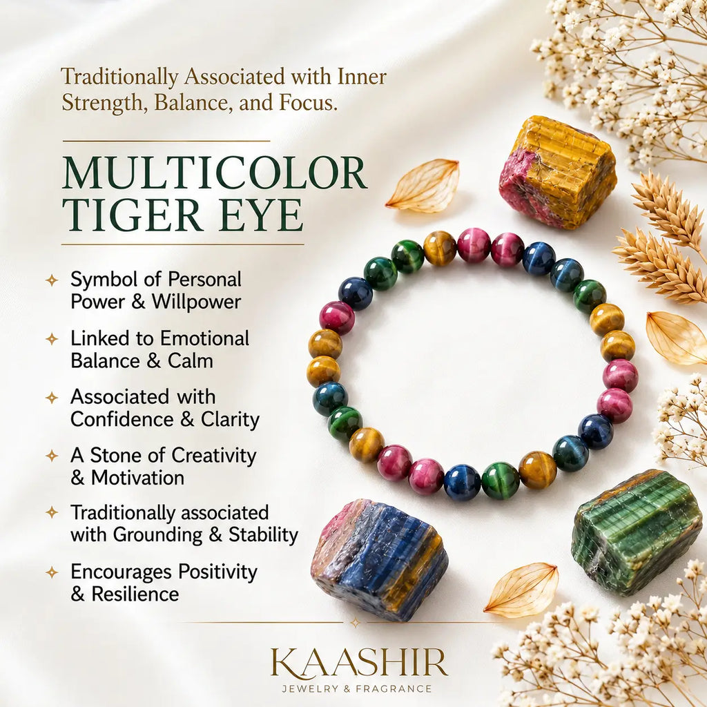 Kaashir Multicolor Tiger Eye gemstone bracelet with benefit card showing inner strength balance and focus