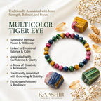 Kaashir Multicolor Tiger Eye gemstone bracelet with benefit card showing inner strength balance and focus