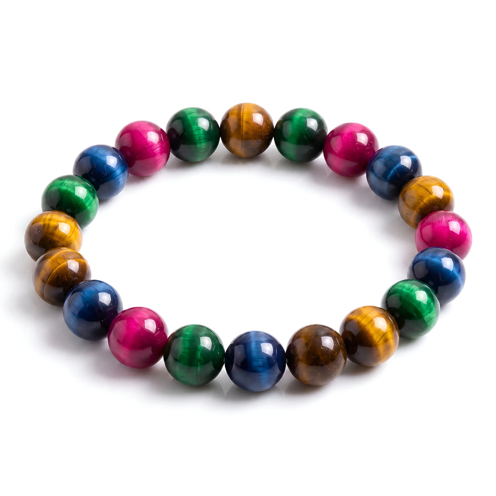 Kaashir Multicolor Tiger Eye natural gemstone beaded bracelet in blue green gold and pink