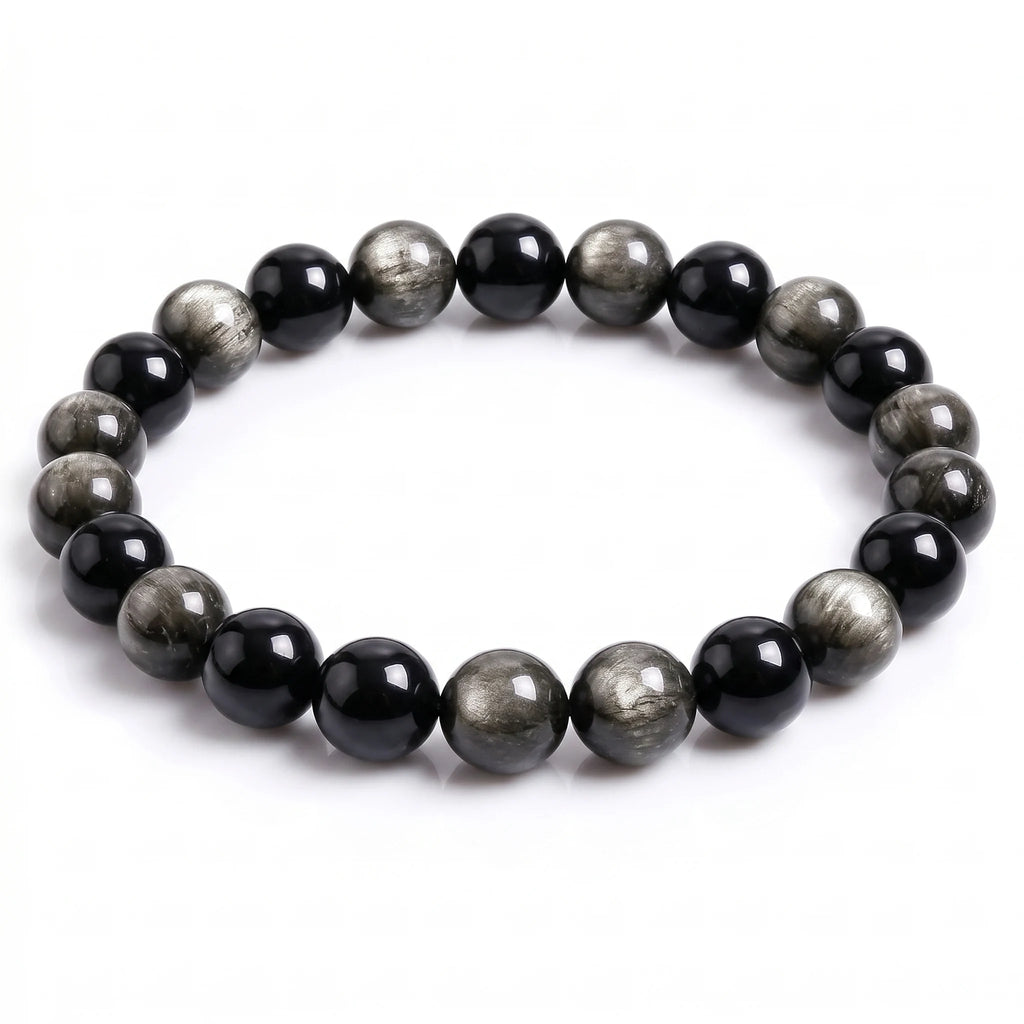 Kaashir Silver Sheen Obsidian natural gemstone beaded bracelet with silver shimmer