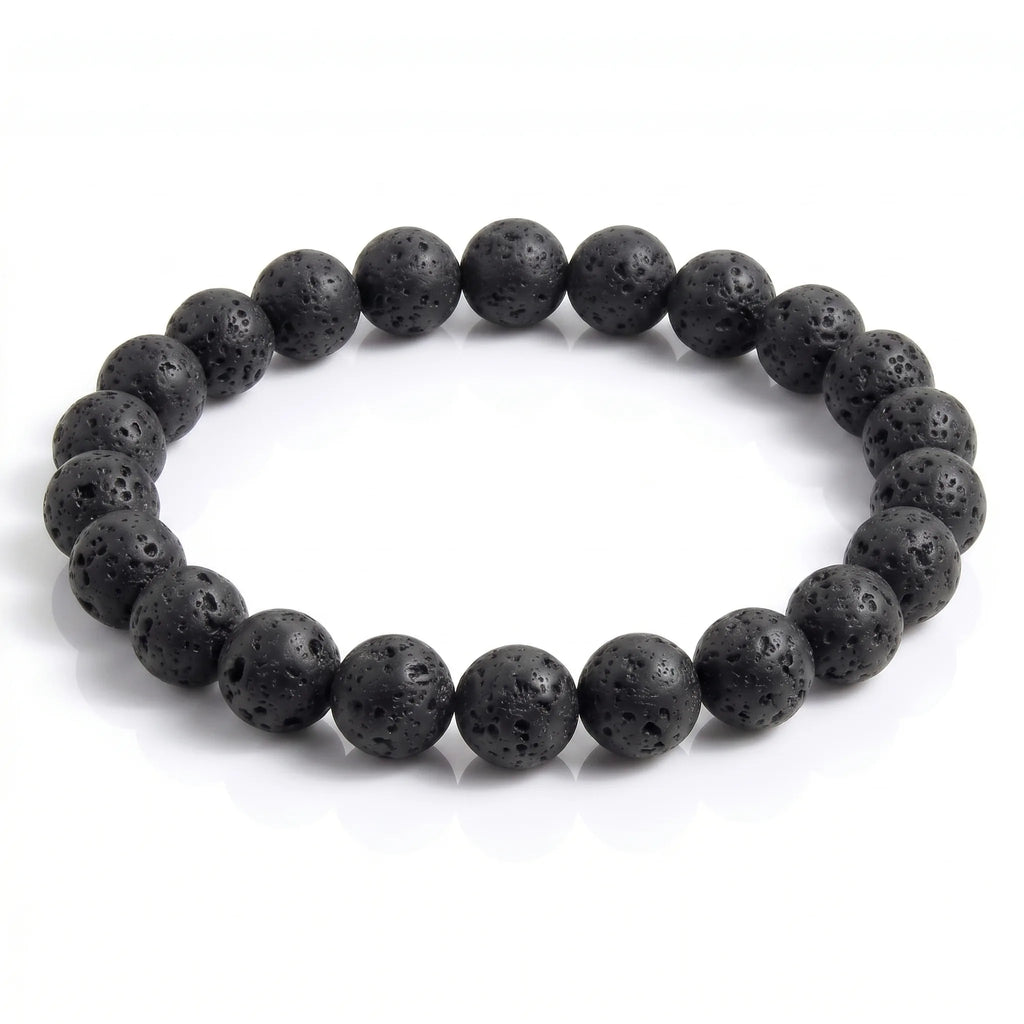 Lava Stone natural volcanic gemstone beaded bracelet with porous matte black texture, handmade by Kaashir