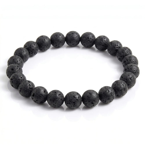 Lava Stone natural volcanic gemstone beaded bracelet with porous matte black texture, handmade by Kaashir