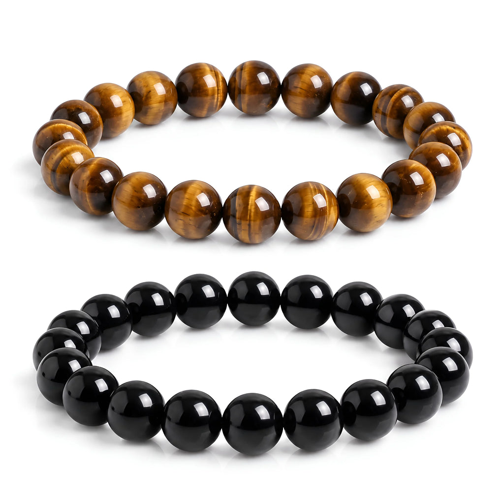 Tiger Eye and Black Obsidian bracelet set for men with natural 8mm gemstone beads