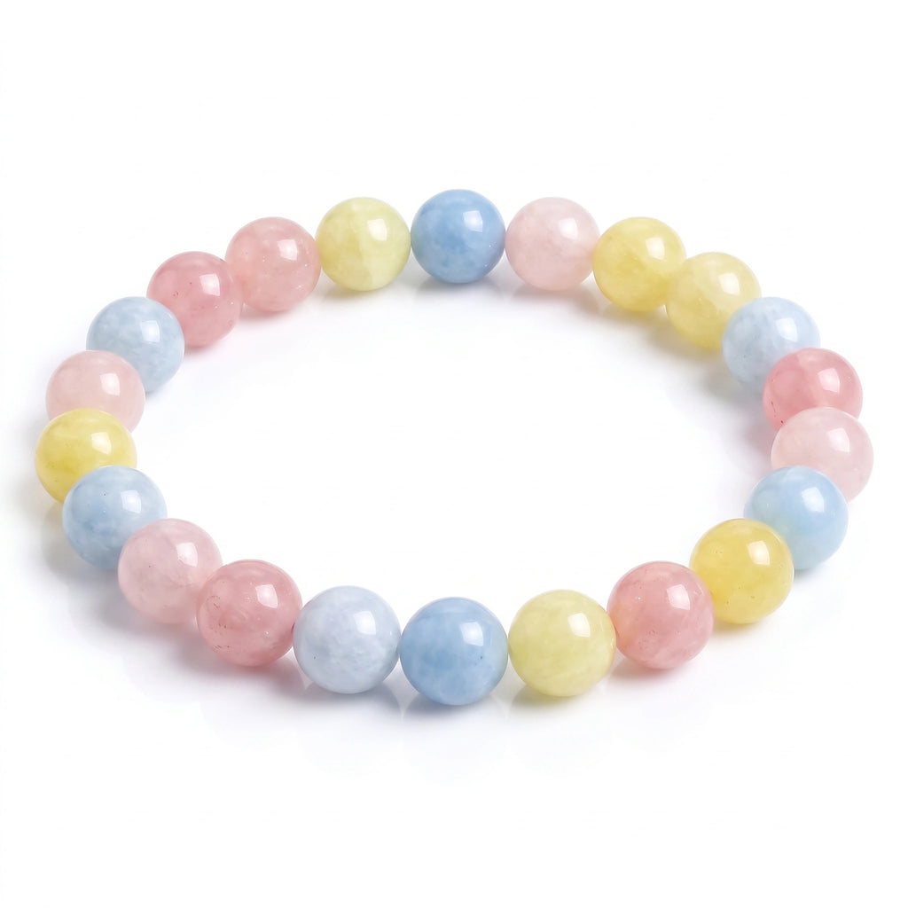 Morganite multicolor natural gemstone beaded bracelet with pink blue and yellow pastel beads handmade by Kaashir