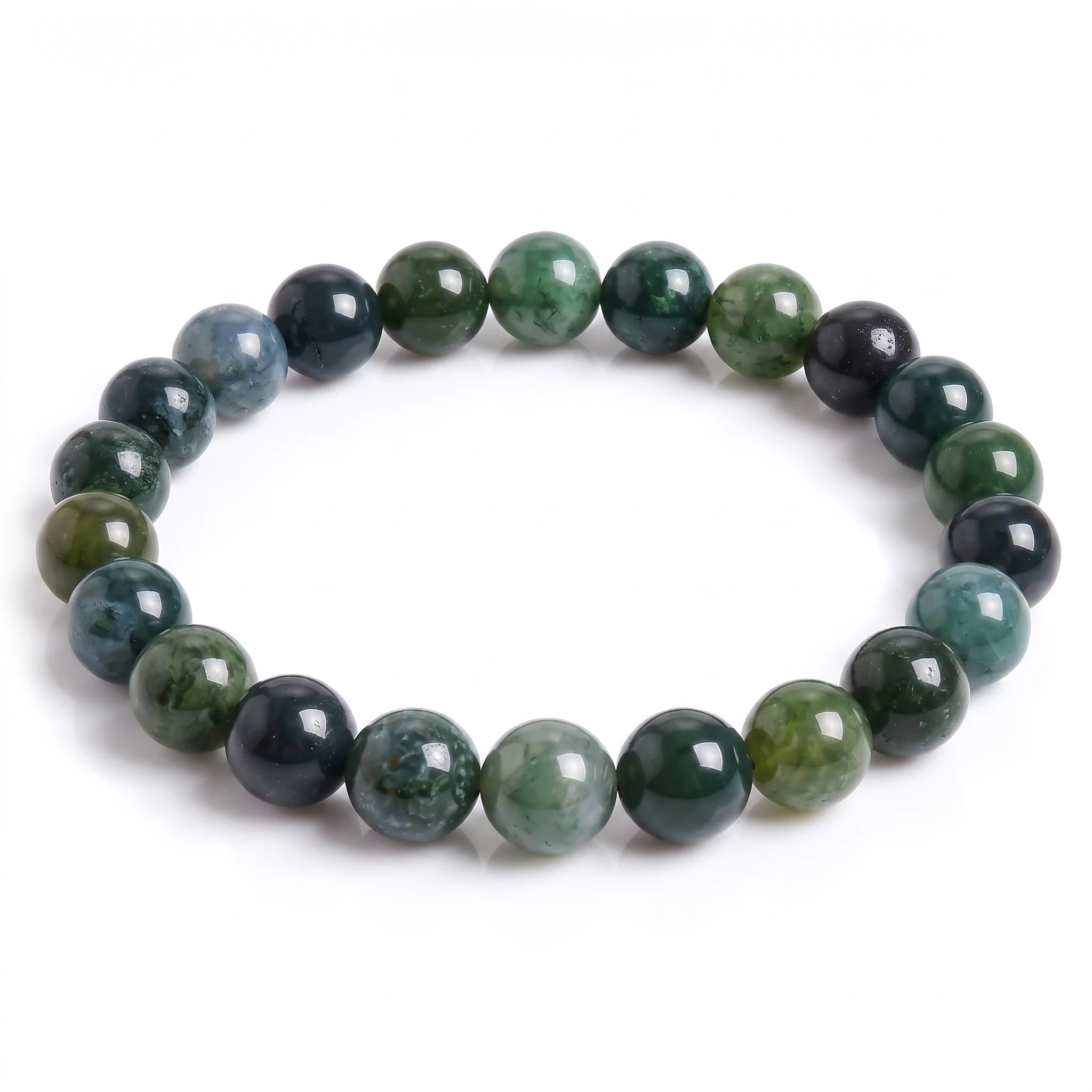 Moss Agate natural gemstone beaded bracelet with deep green moss inclusions and color variation, handmade by Kaashir