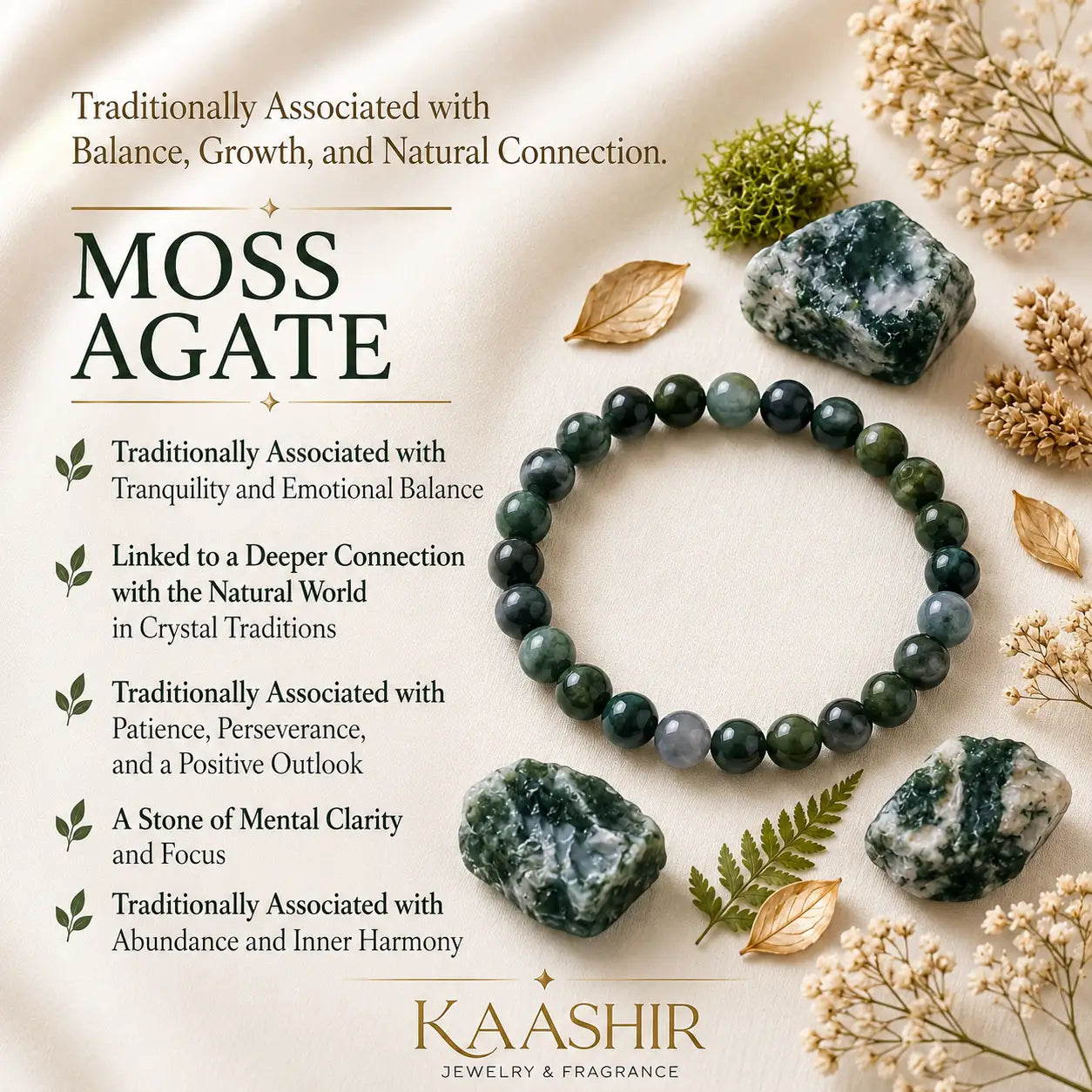 Moss Agate bracelet meaning balance growth and natural connection Kaashir
