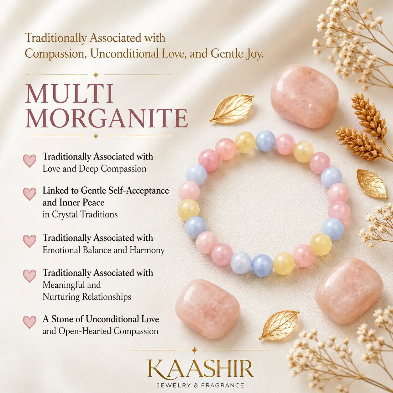 Multi Morganite bracelet meaning compassion unconditional love and gentle joy Kaashir