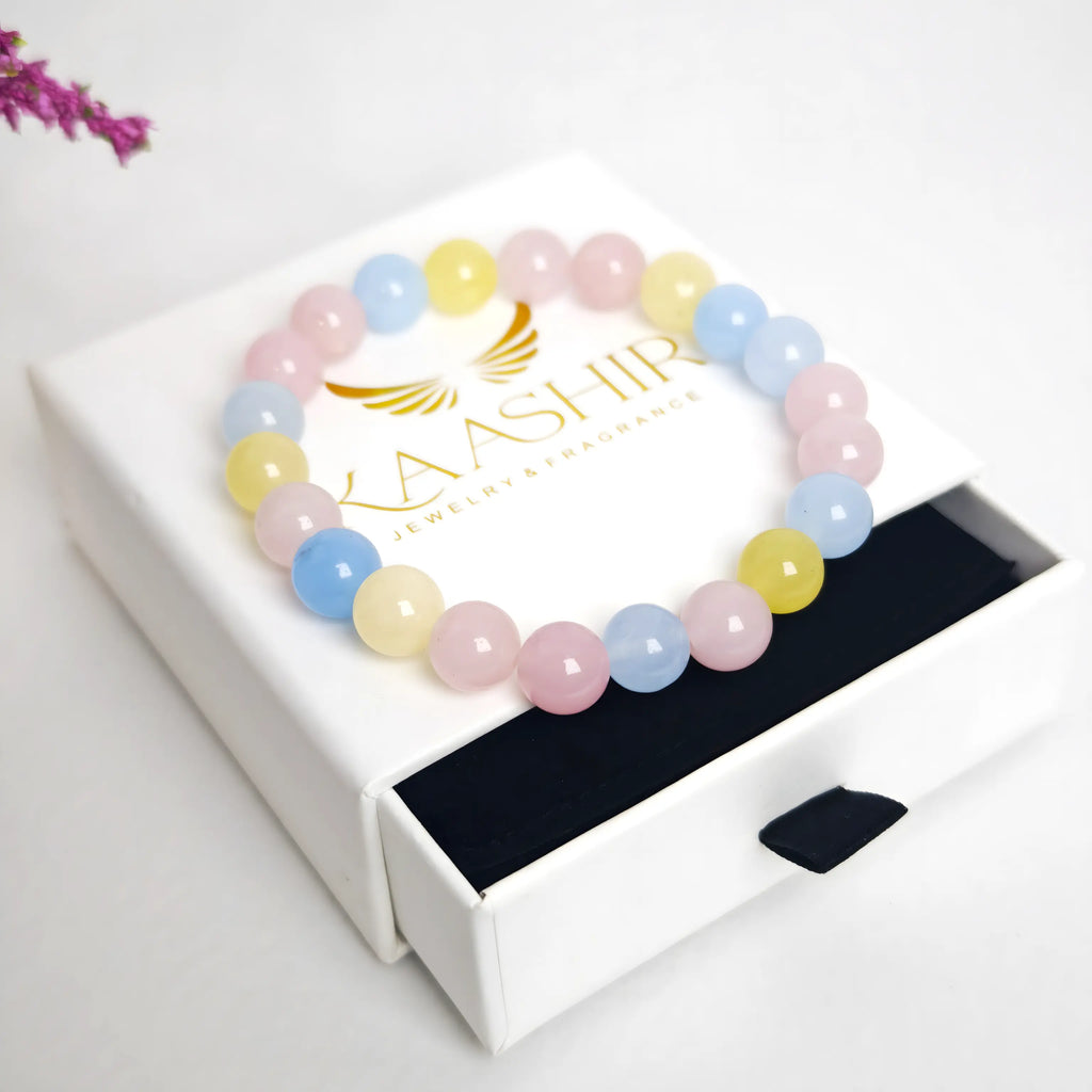 Multi Morganite bracelet in flat lay with luxury aesthetic and soft pastel gemstone tones