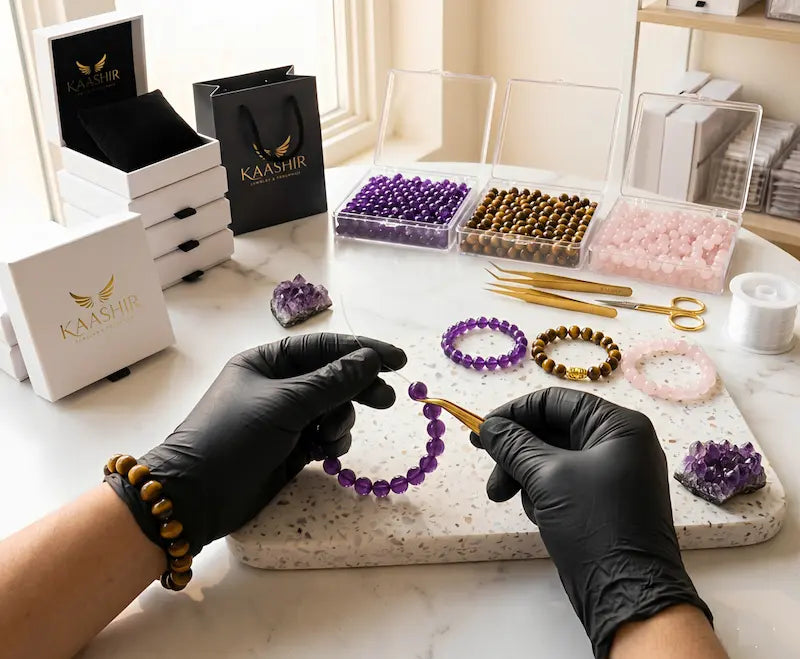 Hand holding natural gemstone crystals including amethyst and tiger eye showing authentic handmade gemstone jewelry by Kaashir artisans