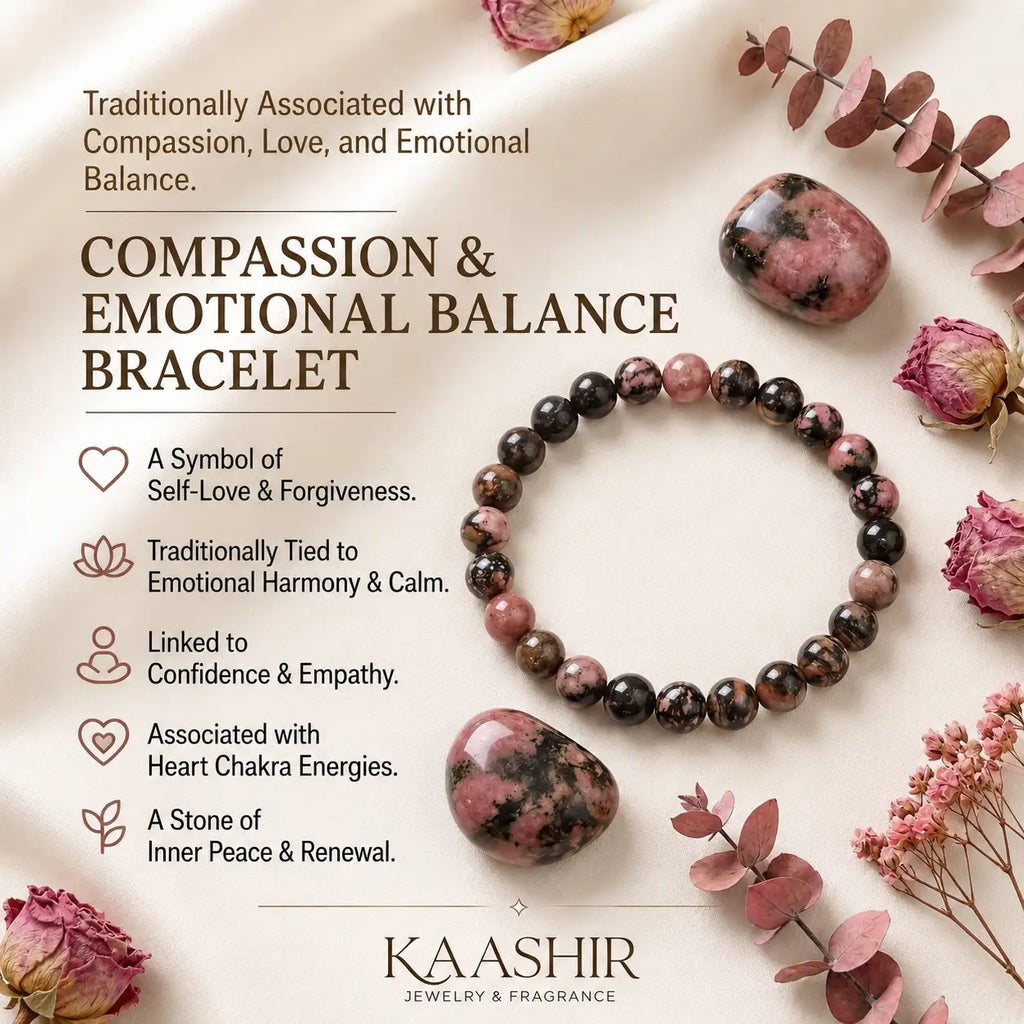 Natural stone beaded rhodonite bracelet — pink and black gemstone bracelet Kaashir