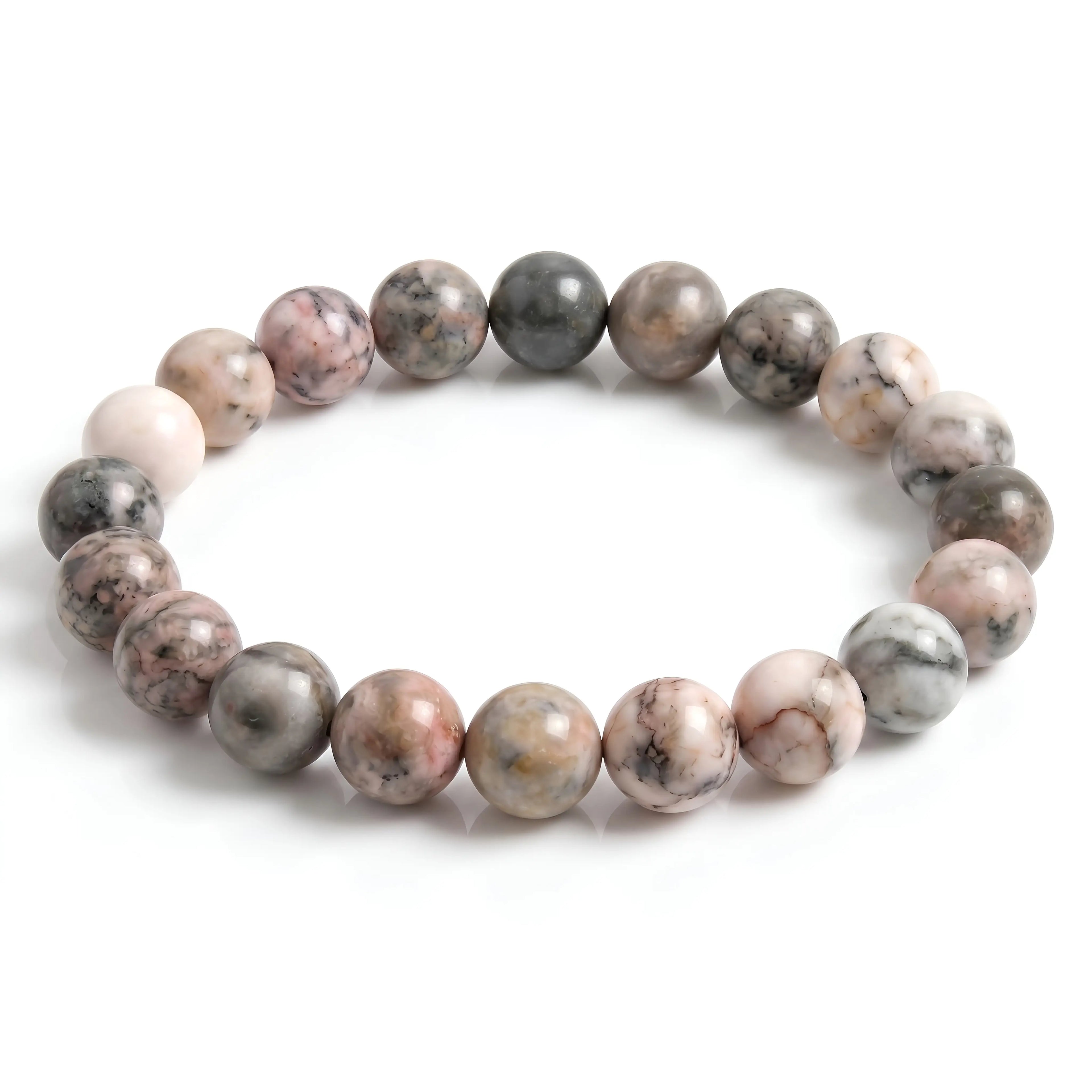 Pink Zebra Jasper natural gemstone beaded bracelet with pink grey and cream marbling handmade by Kaashir
