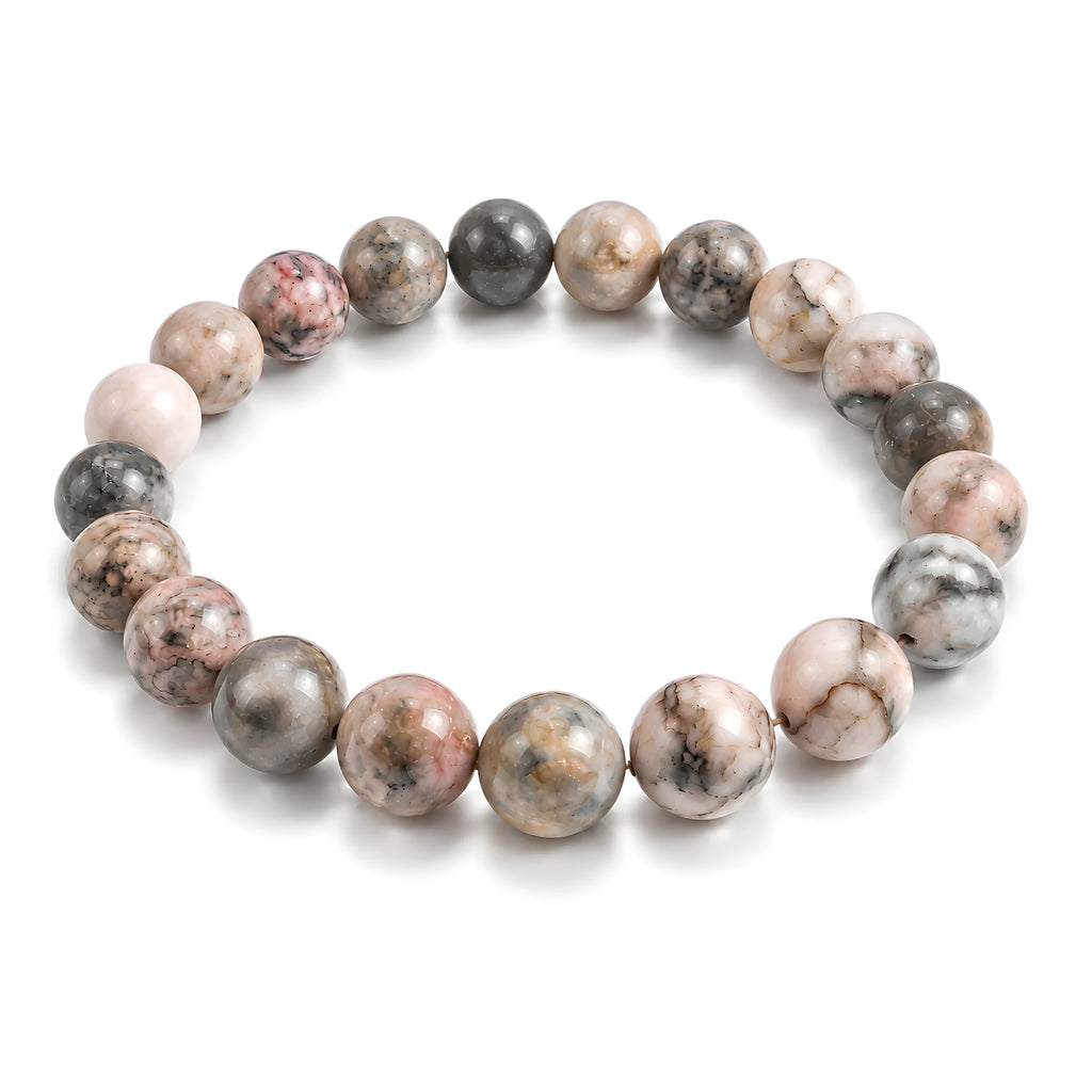 Pink Zebra Jasper natural gemstone beaded bracelet with pink grey and cream marbling handmade by Kaashir