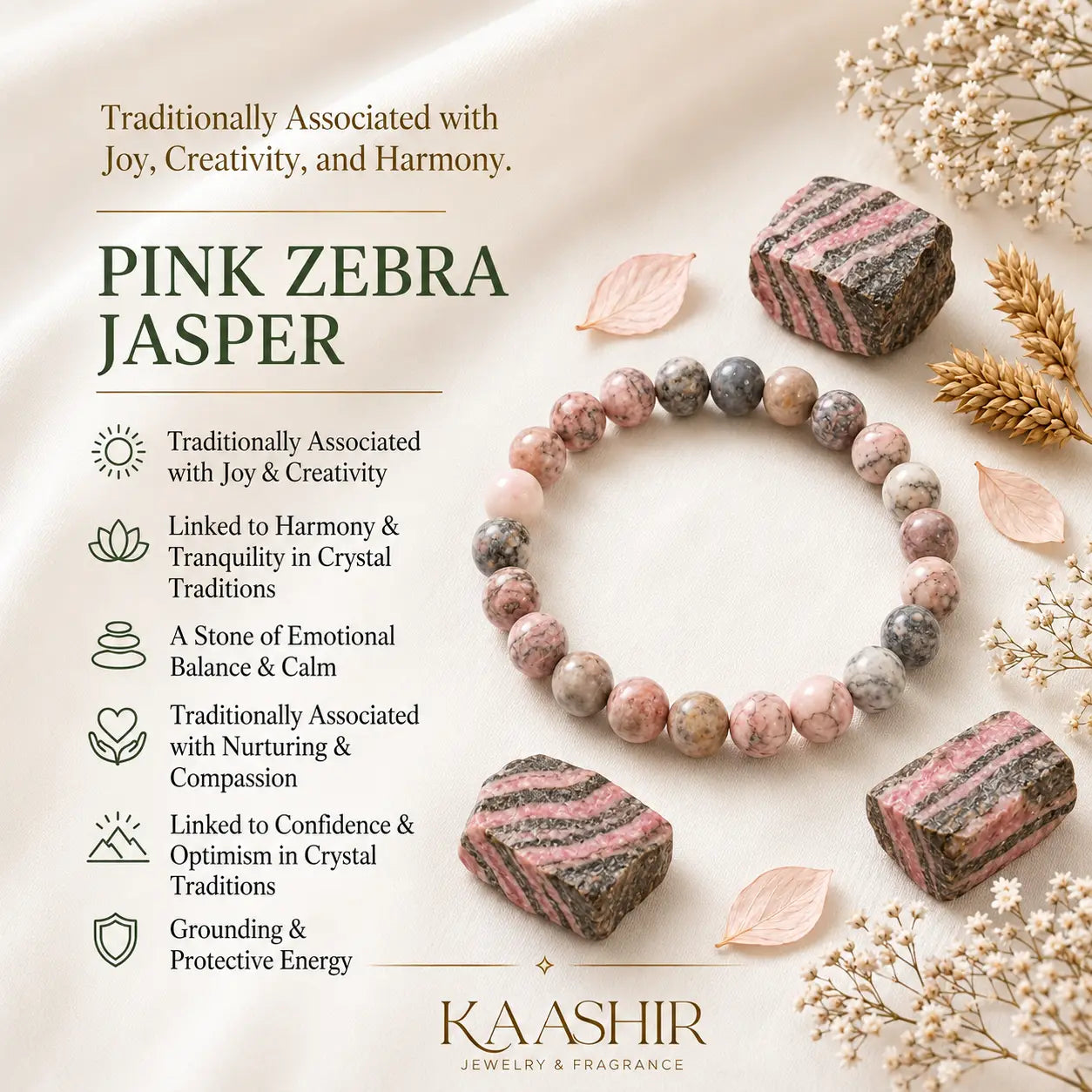 Pink Zebra Jasper bracelet meaning joy creativity and harmony