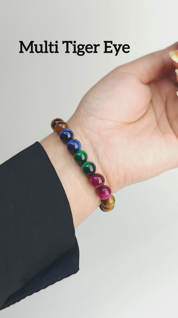 MultiColor Tiger Eye Bracelet — Beaded Gemstone for Balance