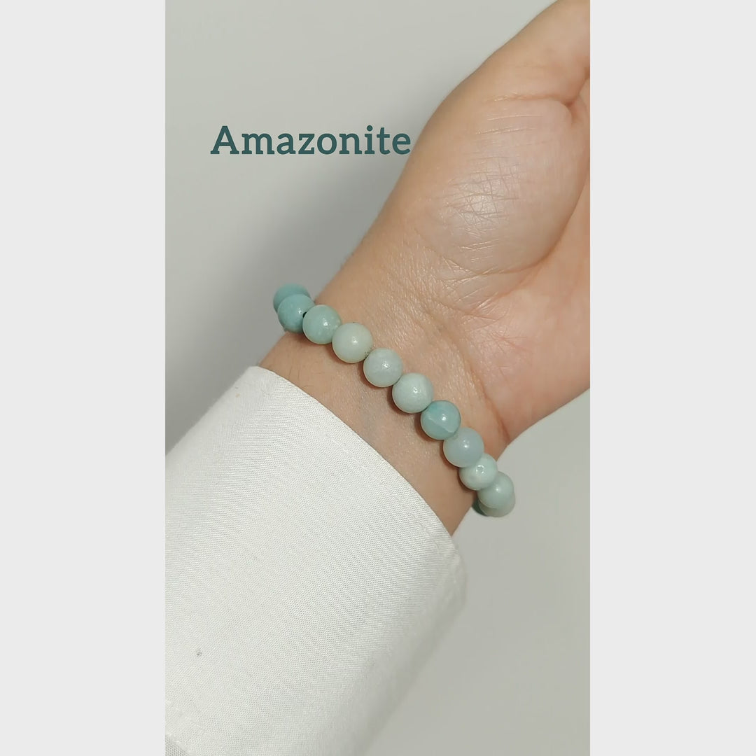 Amazonite beaded bracelet featuring natural blue-green gemstones with complete Kaashir gift packaging