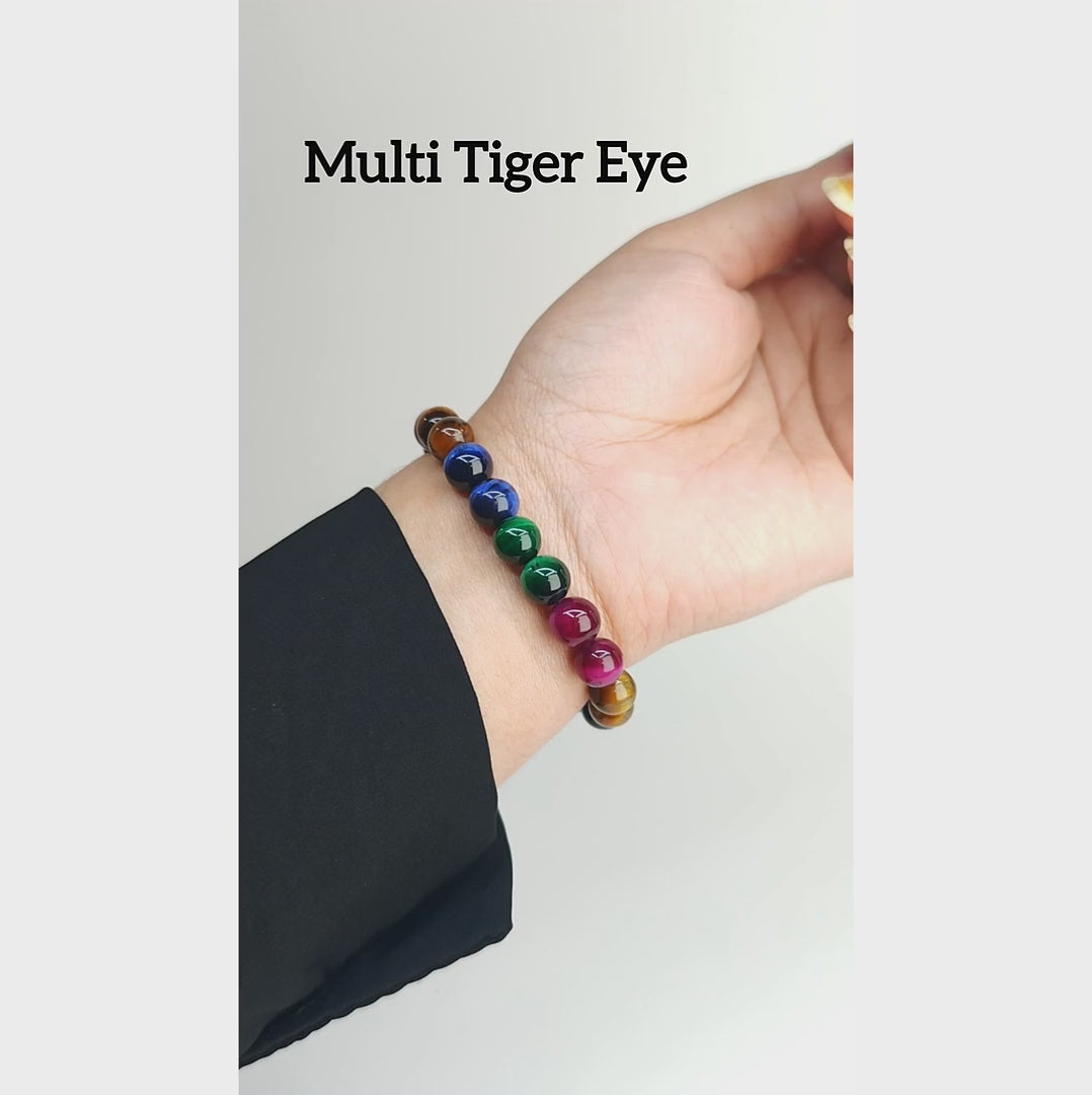 Multi-Color Tiger Eye beaded bracelet featuring natural multicolored tiger eye gemstones with complete Kaashir gift packaging