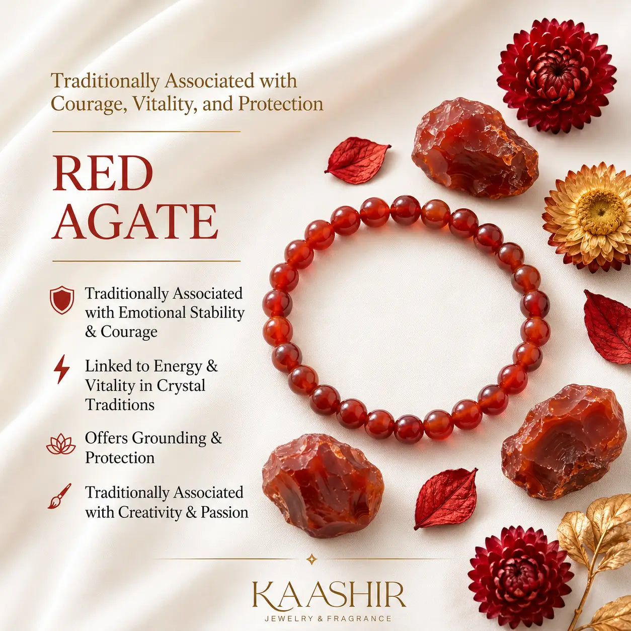 Kaashir Red Agate beaded bracelet meaning courage vitality and protection