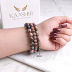 Rhodonite bracelet 6mm beads worn on wrist — delicate natural stone bracelet Kaashir