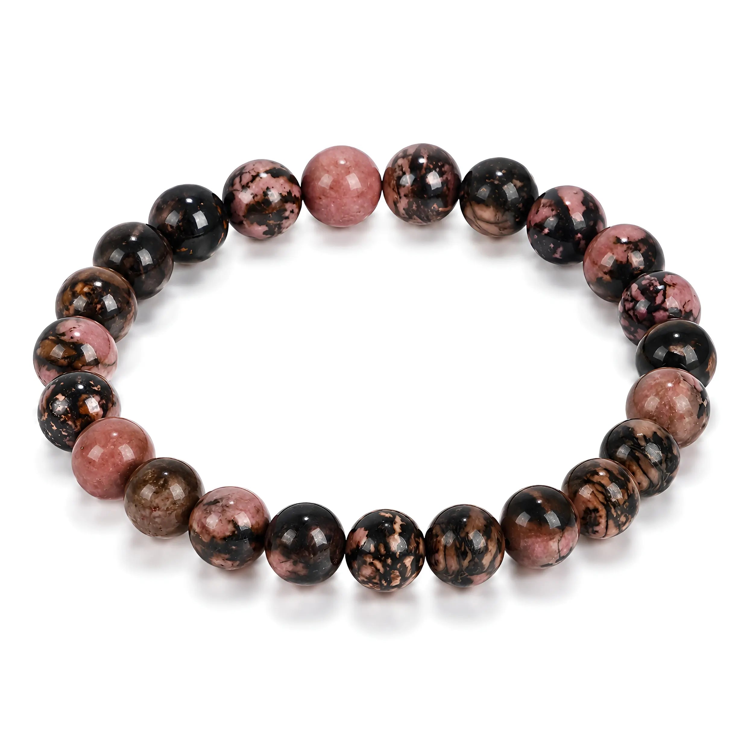 Rhodonite bracelet — pink and black natural stone beads, handmade by Kaashir