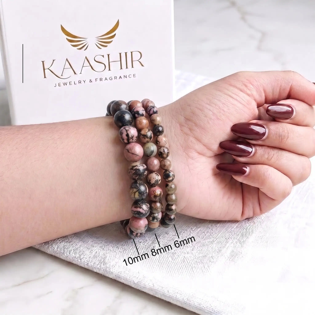 Rhodonite bracelet size guide — 6mm, 8mm and 10mm natural stone bead sizes