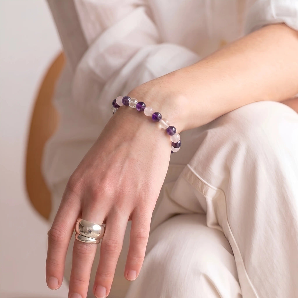 Close-up of genuine rose quartz amethyst clear quartz crystal bracelet beads - 8mm women's gemstone jewelry