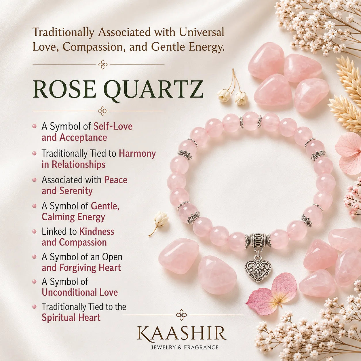 Rose quartz heart charm bracelet wrist size guide — natural stone bracelet Kaashir