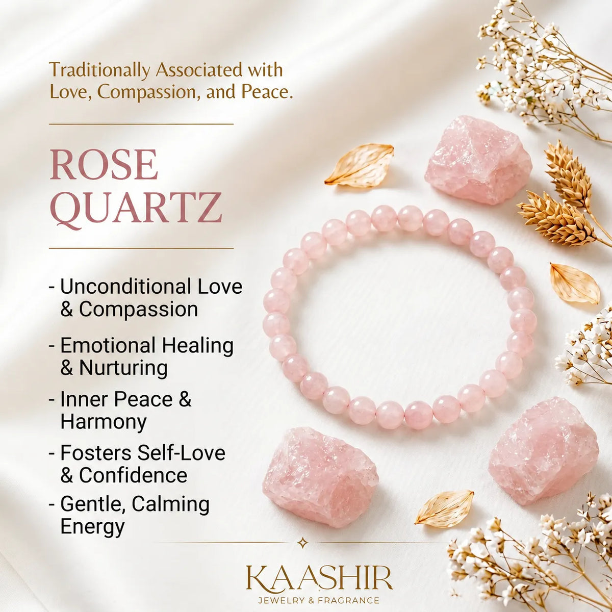 Rose Quartz crystal bracelet meaning love, compassion and inner peace — Kaashir