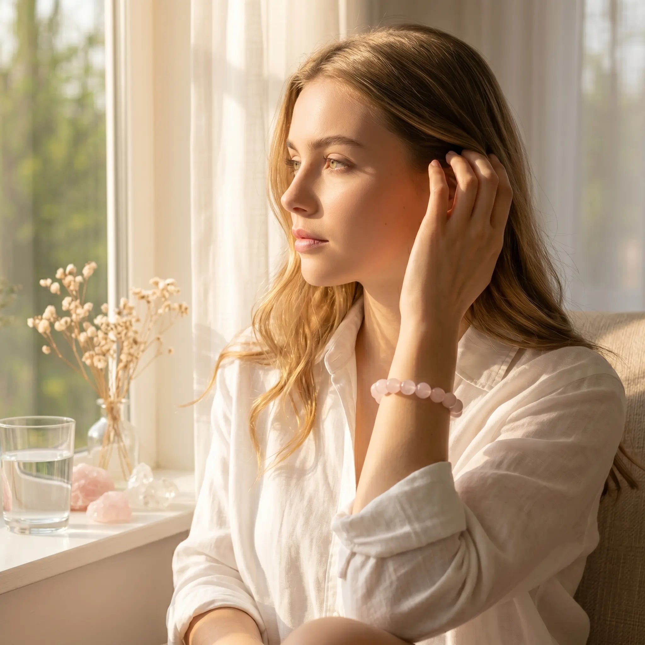 rose quartz bracelet worn on wrist love peace positive energy