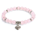 Rose quartz heart charm bracelet 8mm — pink gemstone beads with ornate silver heart charm