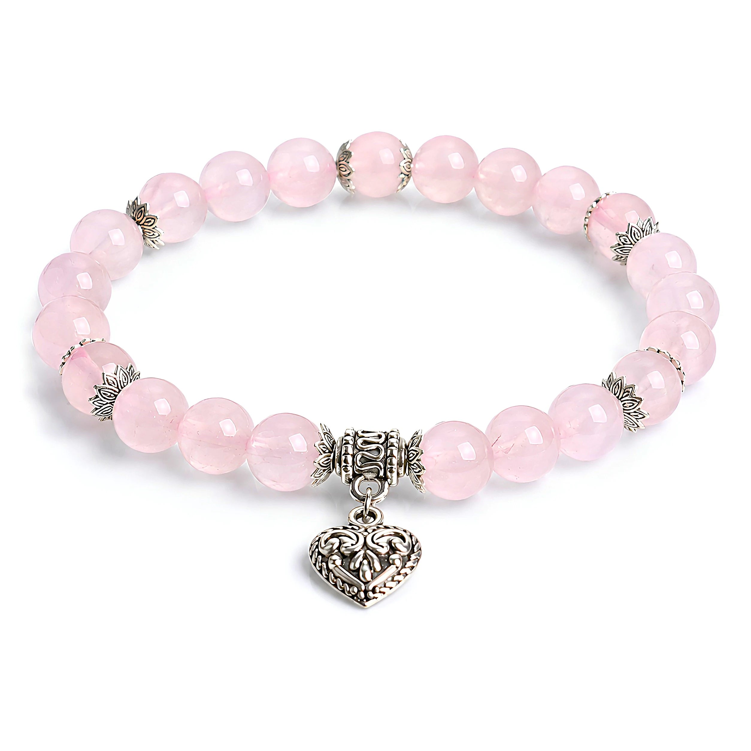 Rose quartz heart charm bracelet 8mm — pink gemstone beads with ornate silver heart charm