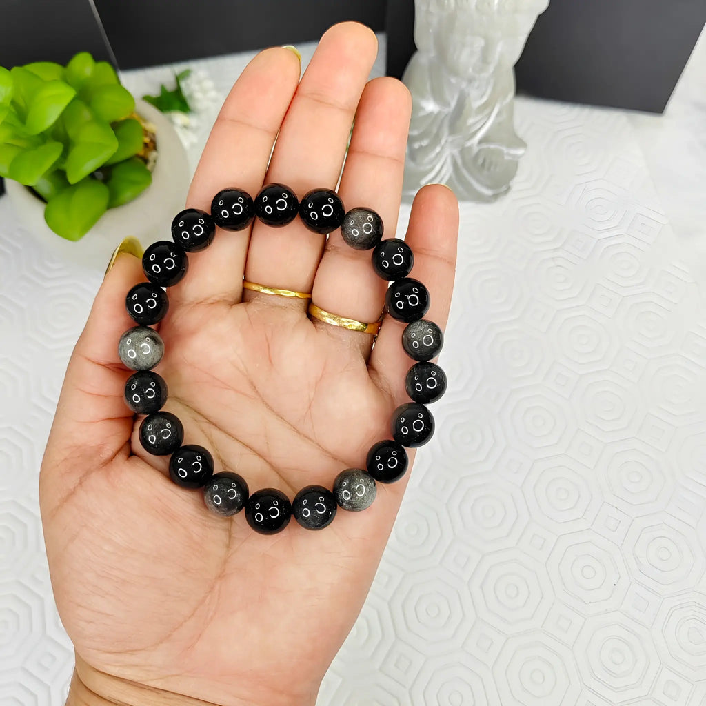 Silver Obsidian Bracelet – Unisex Handmade Crystal Jewelry | Kaashir