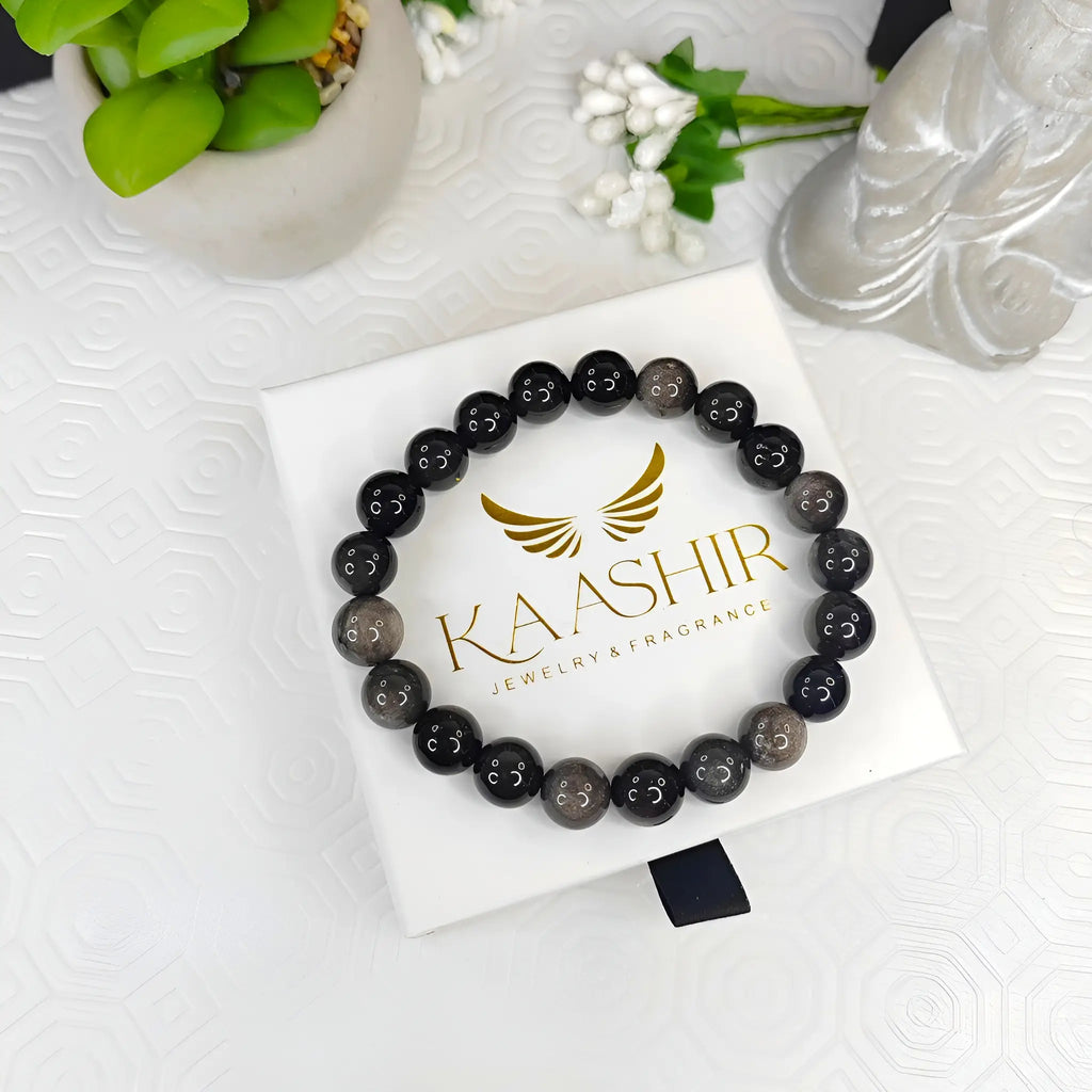 Silver Obsidian Bracelet – Unisex Handmade Crystal Jewelry | Kaashir