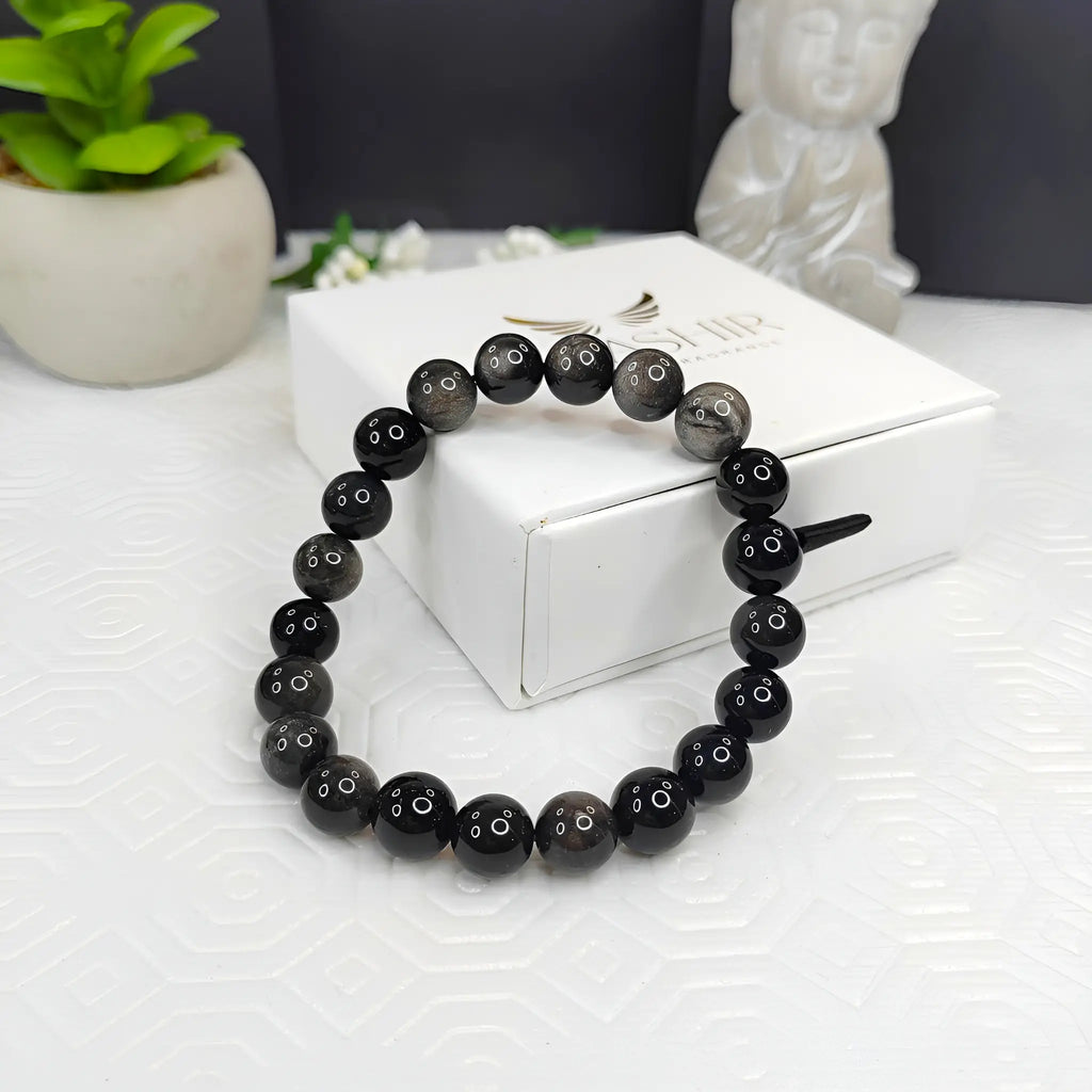 Silver Obsidian Bracelet – Unisex Handmade Crystal Jewelry | Kaashir